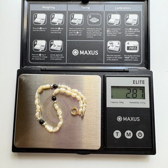 Biwa Pearl Cabochon Black Onyx Beaded Bracelet Spring Ring Clasp 7.25" Length - Picture 11 of 11